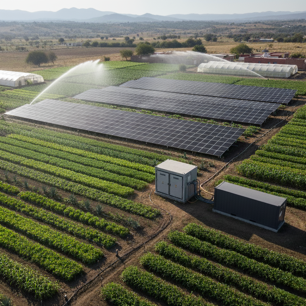 Aerial view of a large agricultural facility with rows of crops.