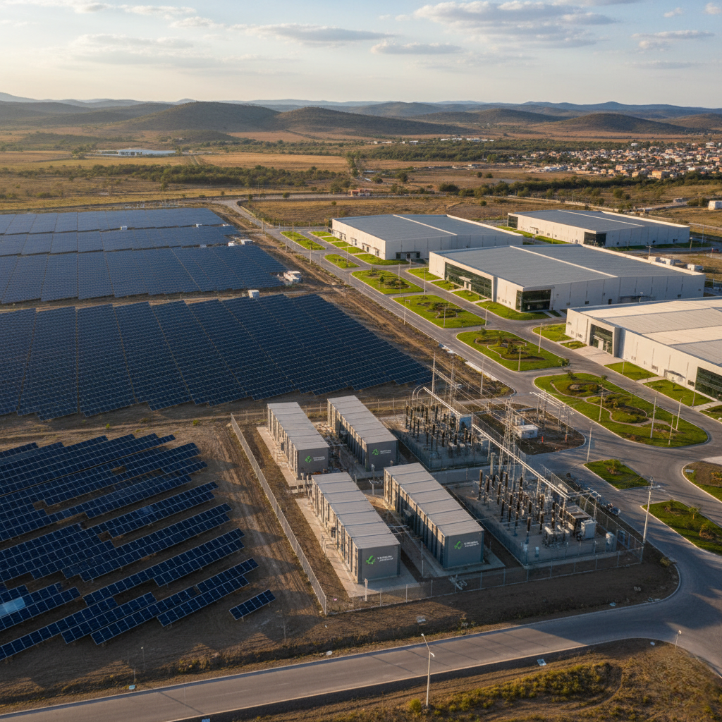Large agricultural facility with rows of solar panels providing clean energy.